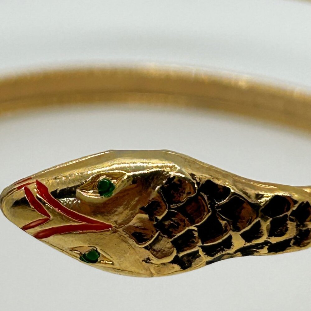Vintage Snake Bracelet Egyptian Style Gold Tone Armlet With Chased Metal, Enamel - Picture 9 of 13